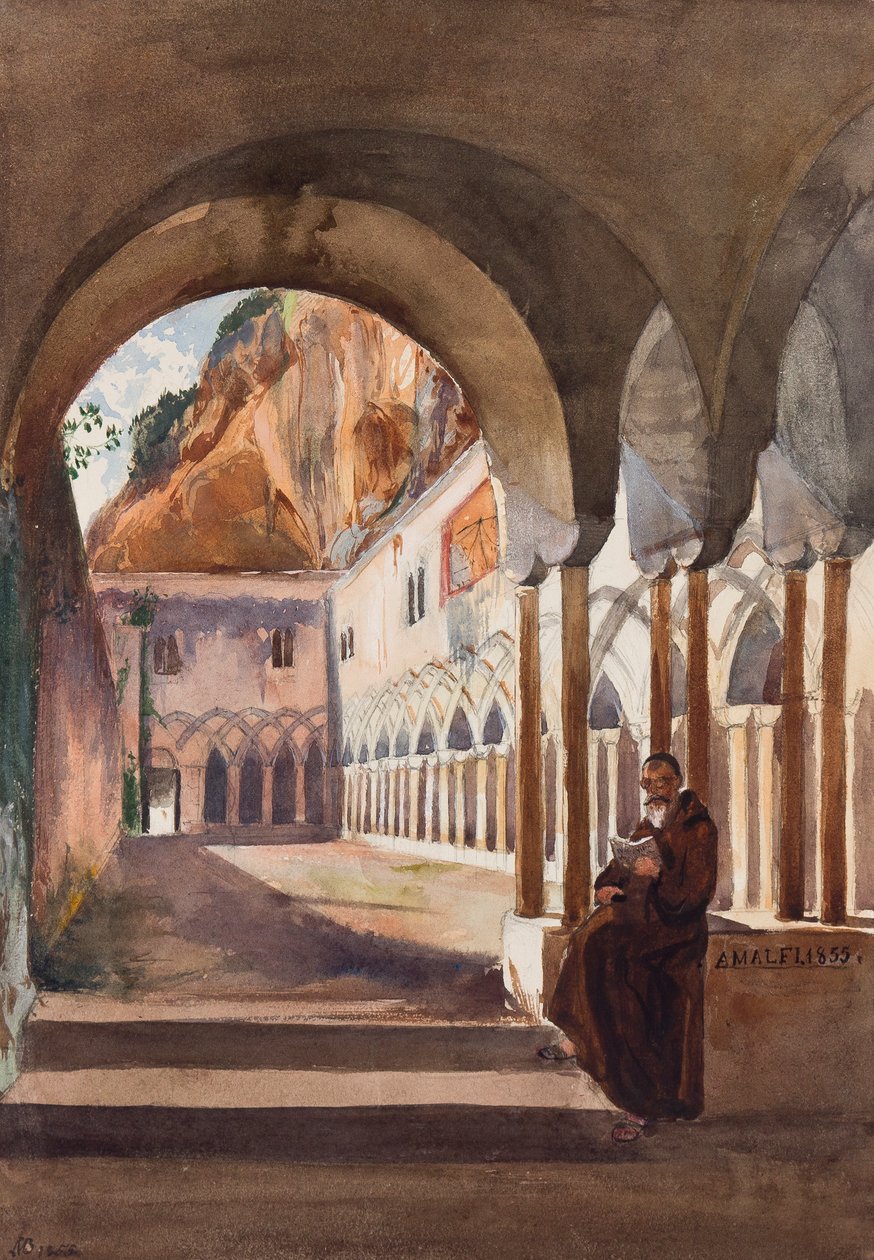 Kláštery v Amalfi, s doplňky prince Luigi Maria di Borbone (1838-1886), 1855 (tužka a wc na papíře) od Giacinto Gigante