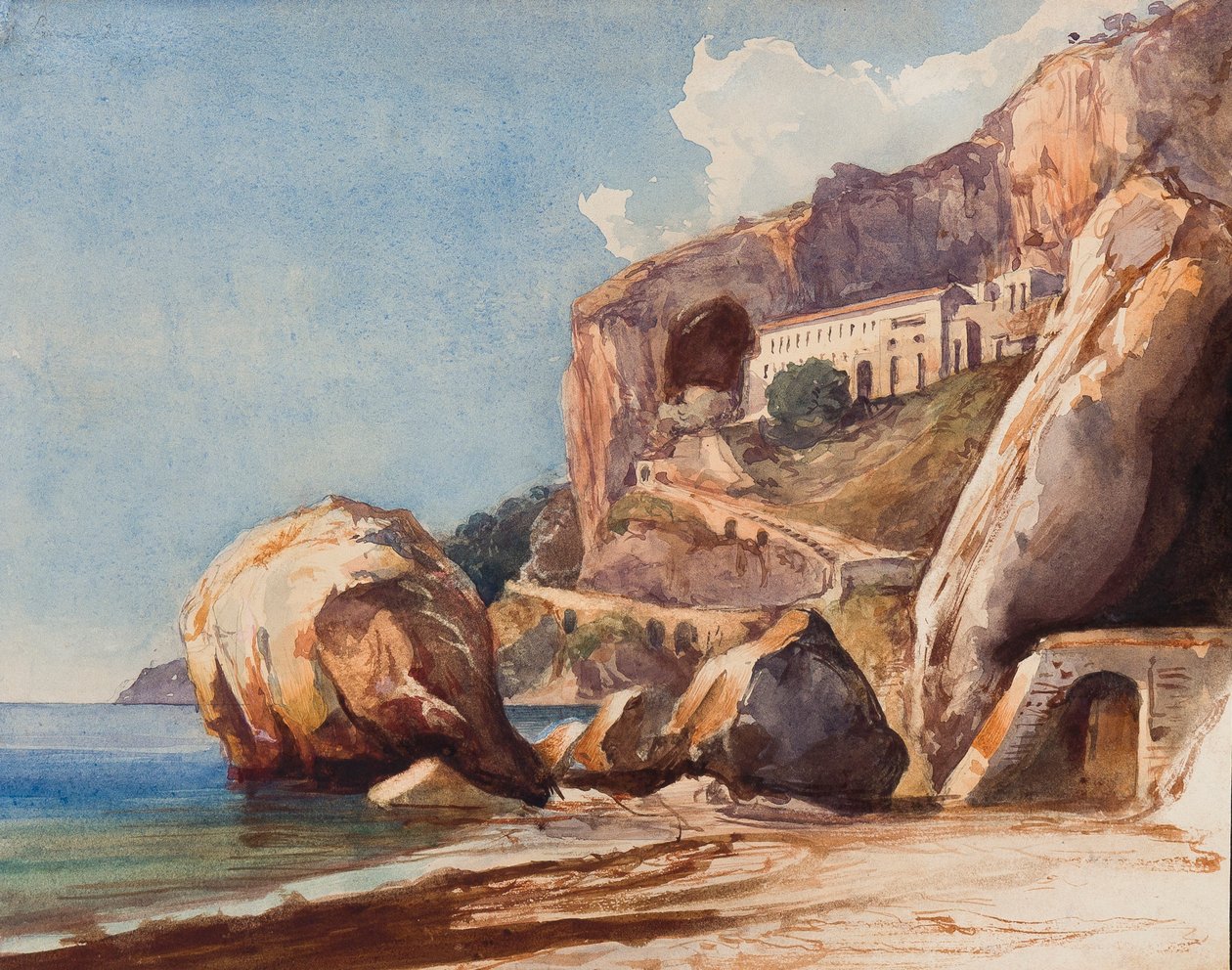 Kapucínský klášter v Amalfi z pláže s doplňky od žáka Borbone (tužka a wc na papíře) od Giacinto Gigante