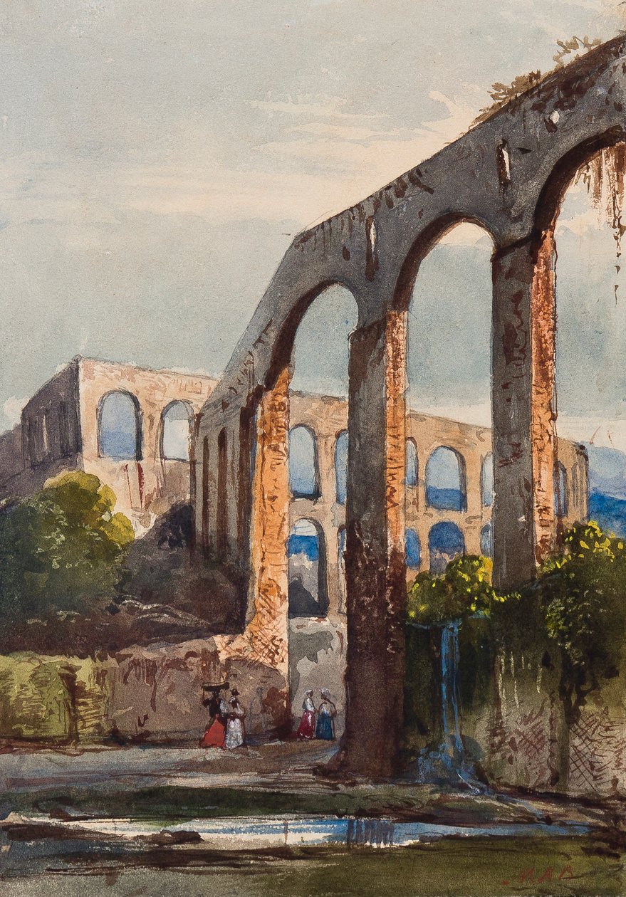 Ženy pod římským akvaduktem v Maddaloni, s doplňky princezny Marie Annunziaty di Borbone (1843-1871) (tužka, wc a kvaš na papíře) od Giacinto Gigante