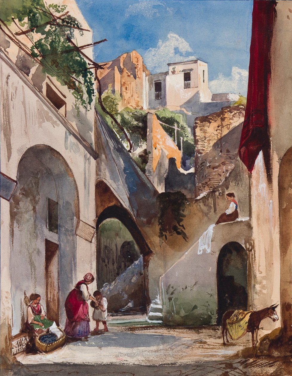 Domy na Costieře Sorrentinského poloostrova, s doplňky princezny Marie Annunziaty di Borbone (1843-1871), 1853 (tužka, wc a kvaš na papíře) od Giacinto Gigante