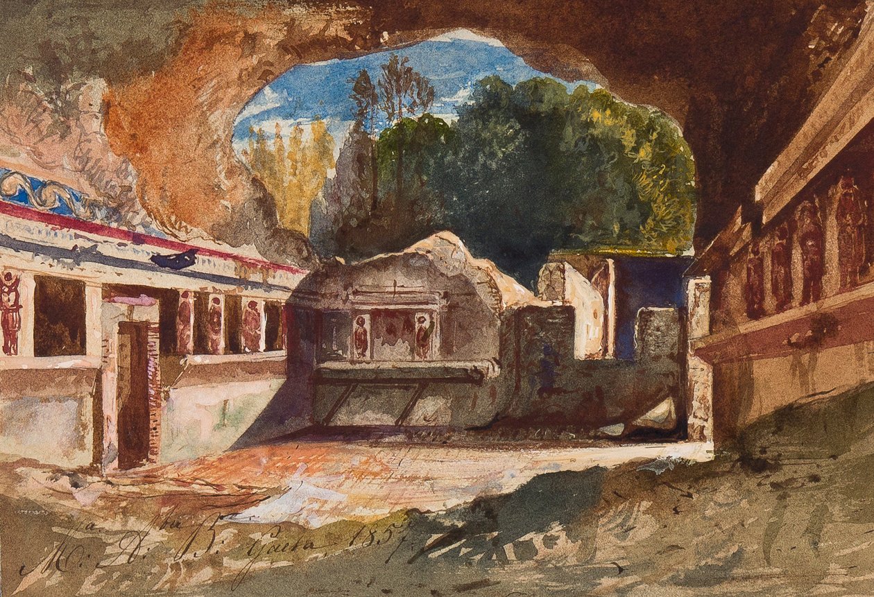Tepidárium, Pompeje, s doplňky princezny Marie Annunziaty di Borbone (1843-1871), 1857 (tužka, wc a kvaš na papíře) od Giacinto Gigante