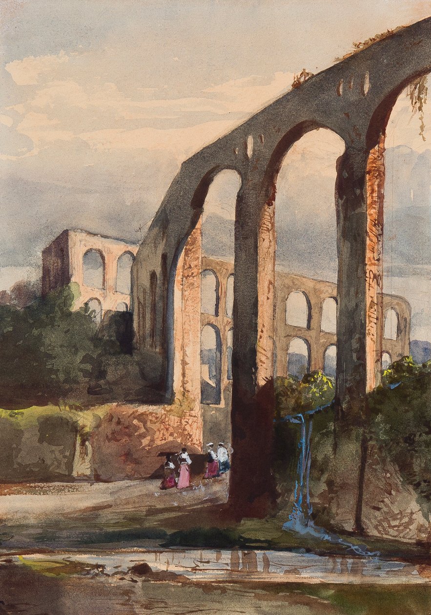 Ženy pod římským akvaduktem v Maddaloni, doplněné borbonským žákem, možná princeznou Marií Annunziatou di Borbone (1843-1871) (tužka, wc a kvaš na papíře) od Giacinto Gigante