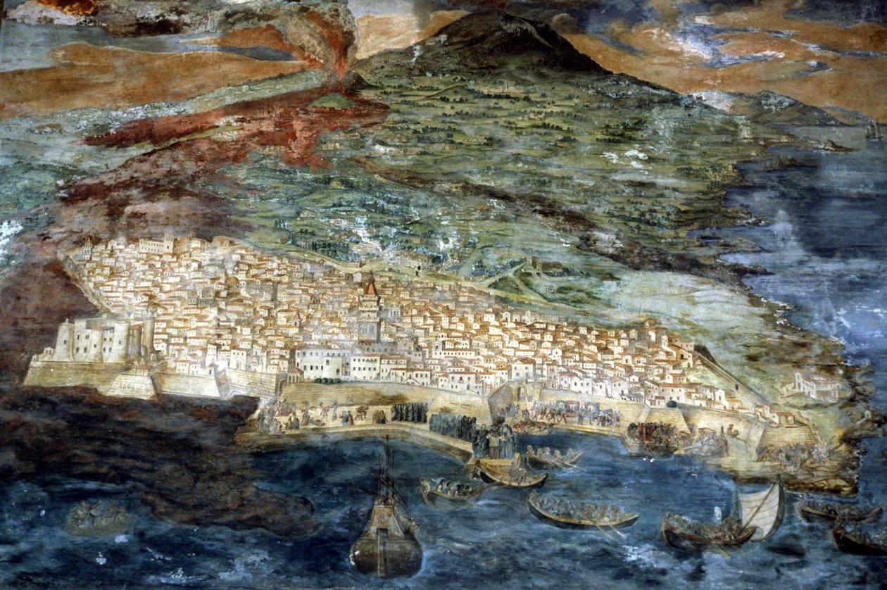 V roce 1669 bylo město Catania (Sicílie) zničeno erupcí Etny. Obraz Giacinto Platania. Sakristie dómu v Catanii. od Giacinto Platanio
