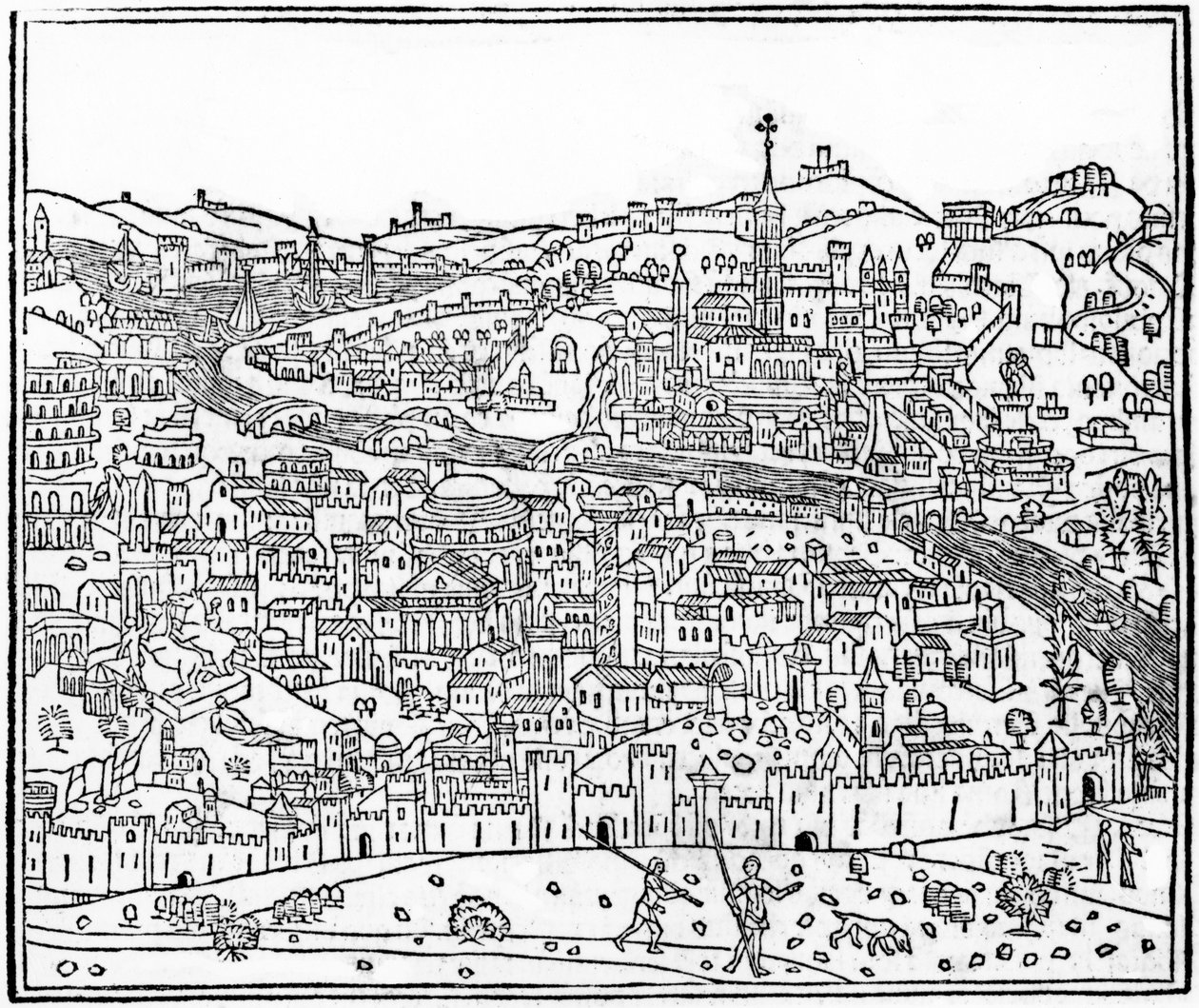 Pohled na Řím, z ‚Supplementum chronicarum‘, vydání vydané v roce 1490 od Giacomo Filippo Foresti