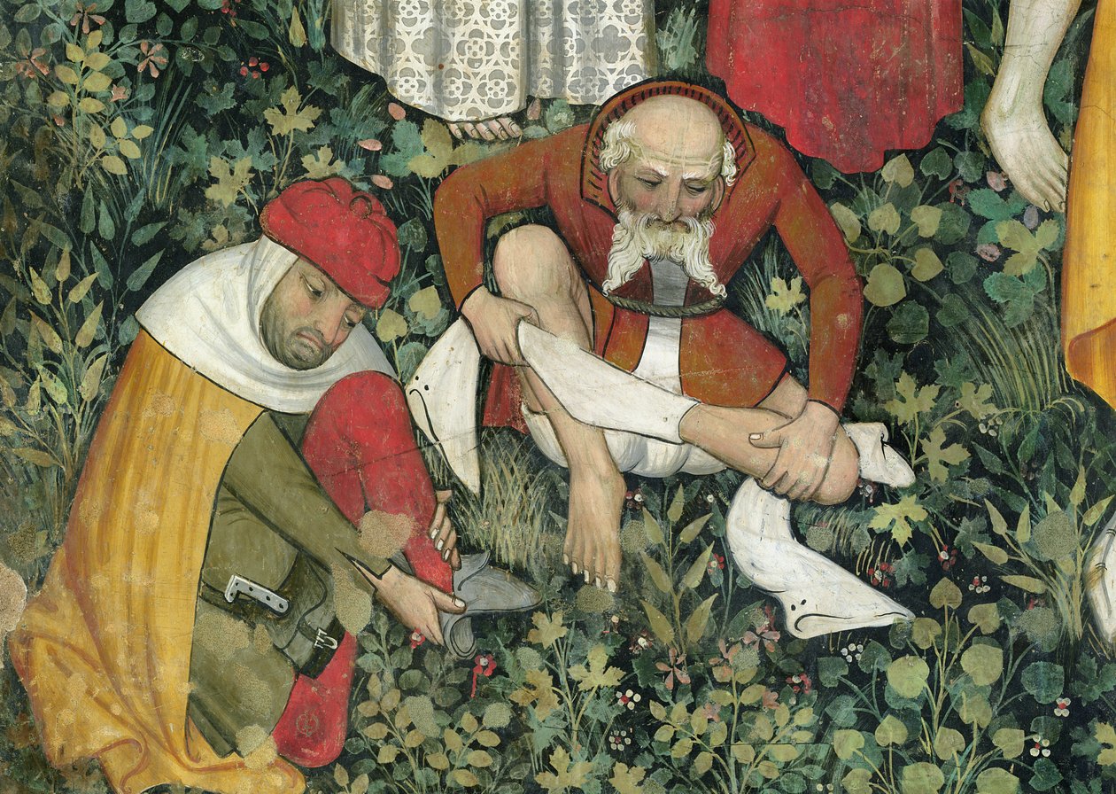 Fontána života, detail svlékajících se starších mužů, freska 1418-30 od Giacomo Jaquerio