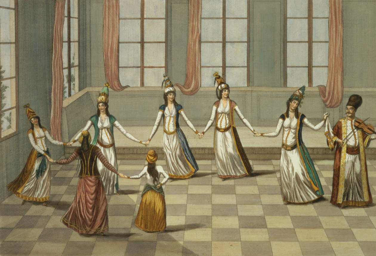 Tanec, který je v módě u řeckých žen v Konstantinopoli, vedený ženou držící kapesník, rytina Ignazio Colombo, asi 1816. od Giacomo Leonardis