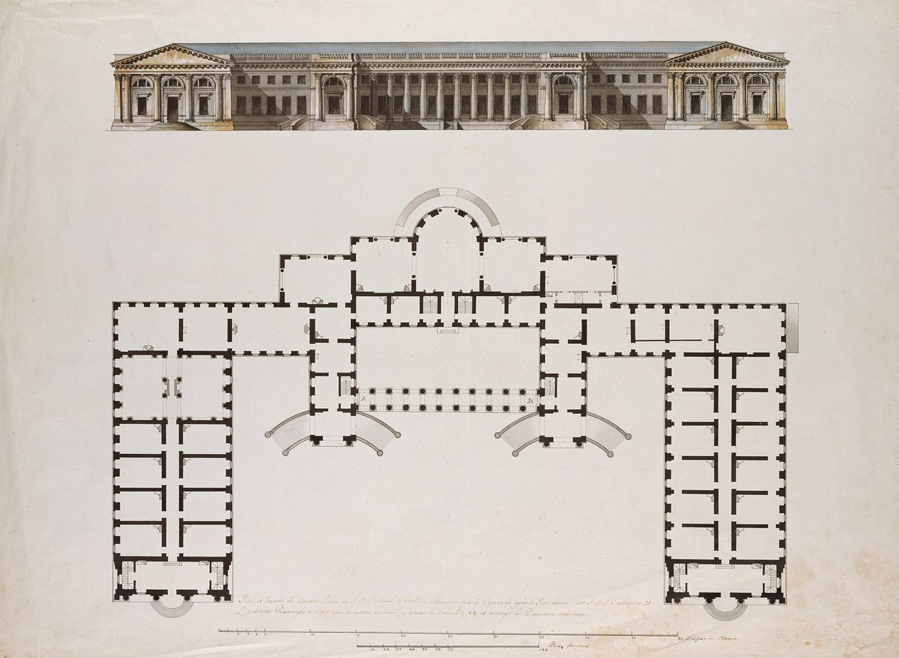 Severní pohled a půdorys Alexandrovského paláce v Carském Selu, kolem 80. let 18. století (pero a černý a hnědý inkoust, šedá barva a wc na papíře) od Giacomo Antonio Domenico Quarenghi