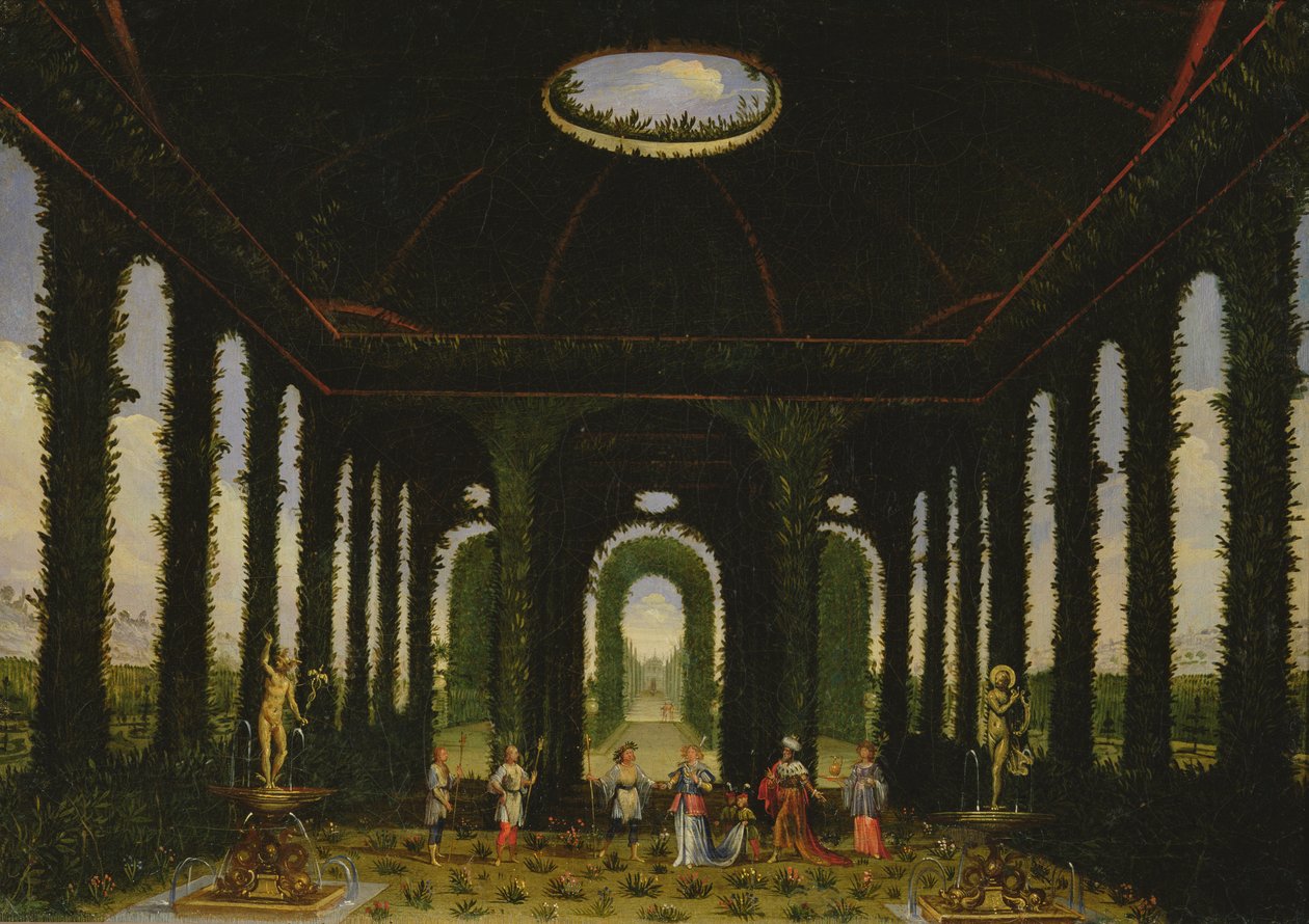 III. dějství, scény XI a XIII: zahrada v podobě pavilonu od Giacomo Torelli