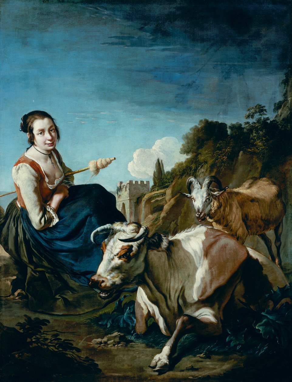 Dívka s krávou a ovcí ve skalnaté krajině, cca 1700 (olej na plátně) od Giacomo Ceruti