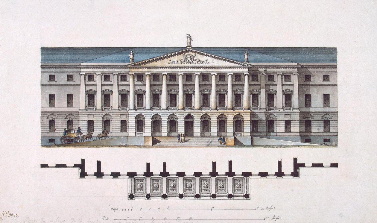 Projekt Smolného ústavu. Hlavní fasáda a půdorys přízemí, 1806-1808 od Giacomo Antonio Domenico Quarenghi
