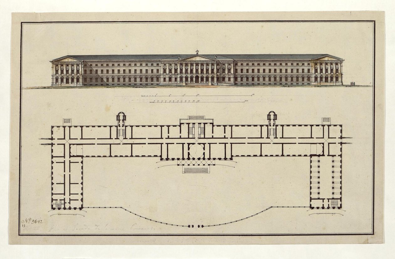 Projekt Smolného ústavu. Hlavní fasáda a půdorys přízemí, 1806-1808 od Giacomo Antonio Domenico Quarenghi