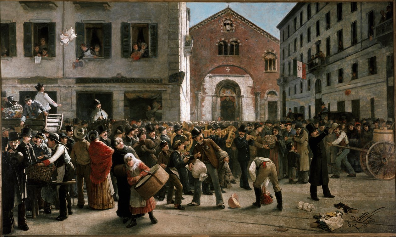 Fundraising in corso Garibaldi v Miláně pro oběti záplav u Verony, 24. prosince 1882 (obraz od Giacomo Campi