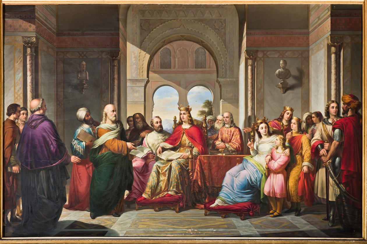 Frederik II. dostává knihu od Aristotela od Michaela Scota od Giacomo Conti