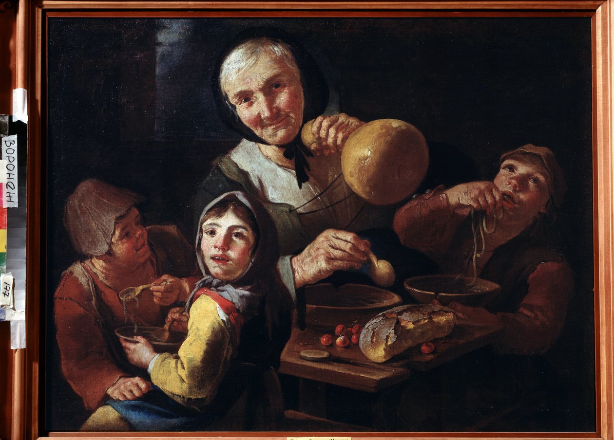""Sedlácké jídlo"" (Sedlácké jídlo) Stará selka a tři děti snídají polévku, třešně a chléb. Obraz Giacoma Francesca Cippera (1664-1736) Muzeum výtvarných umění 18. století Ivan Kramskoy (nebo Kramskoi) ve Voroněži (Voronezh), od Giacomo Francesco Cipper