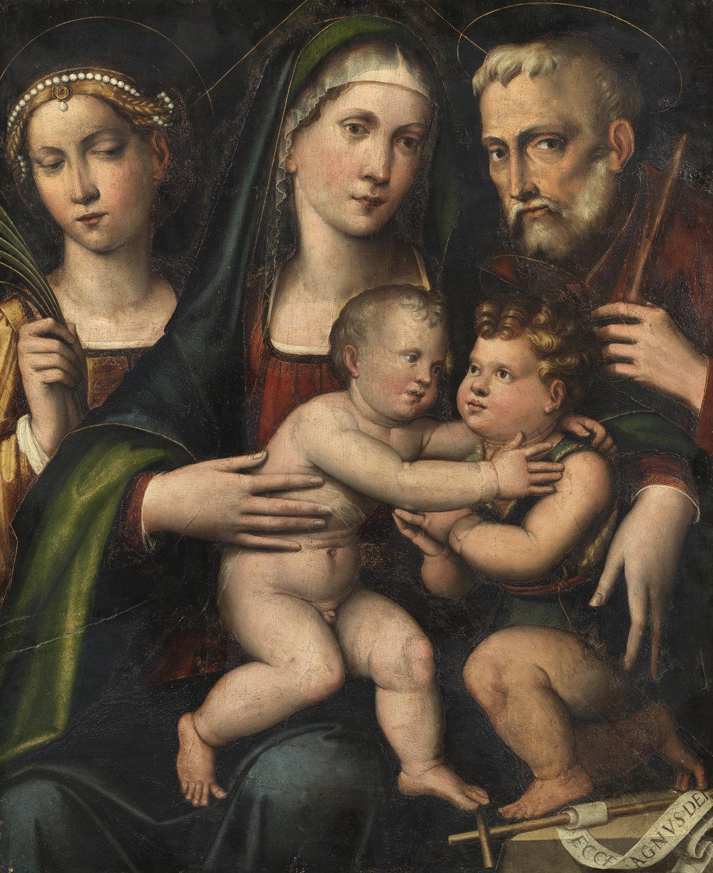 Svatá rodina s dítětem svatým Janem a svatou Kateřinou, kolem roku 1530 od Giacomo Francia