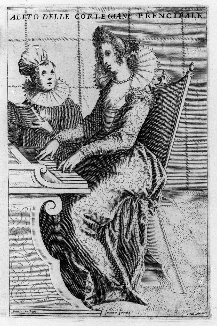 Kurtizána v elegantních šatech hrající na klavír. Rytina Giacoma Franca (1550-1620) z „Benátky, použití a zvyky“, kolem roku 1597. od Giacomo Franco