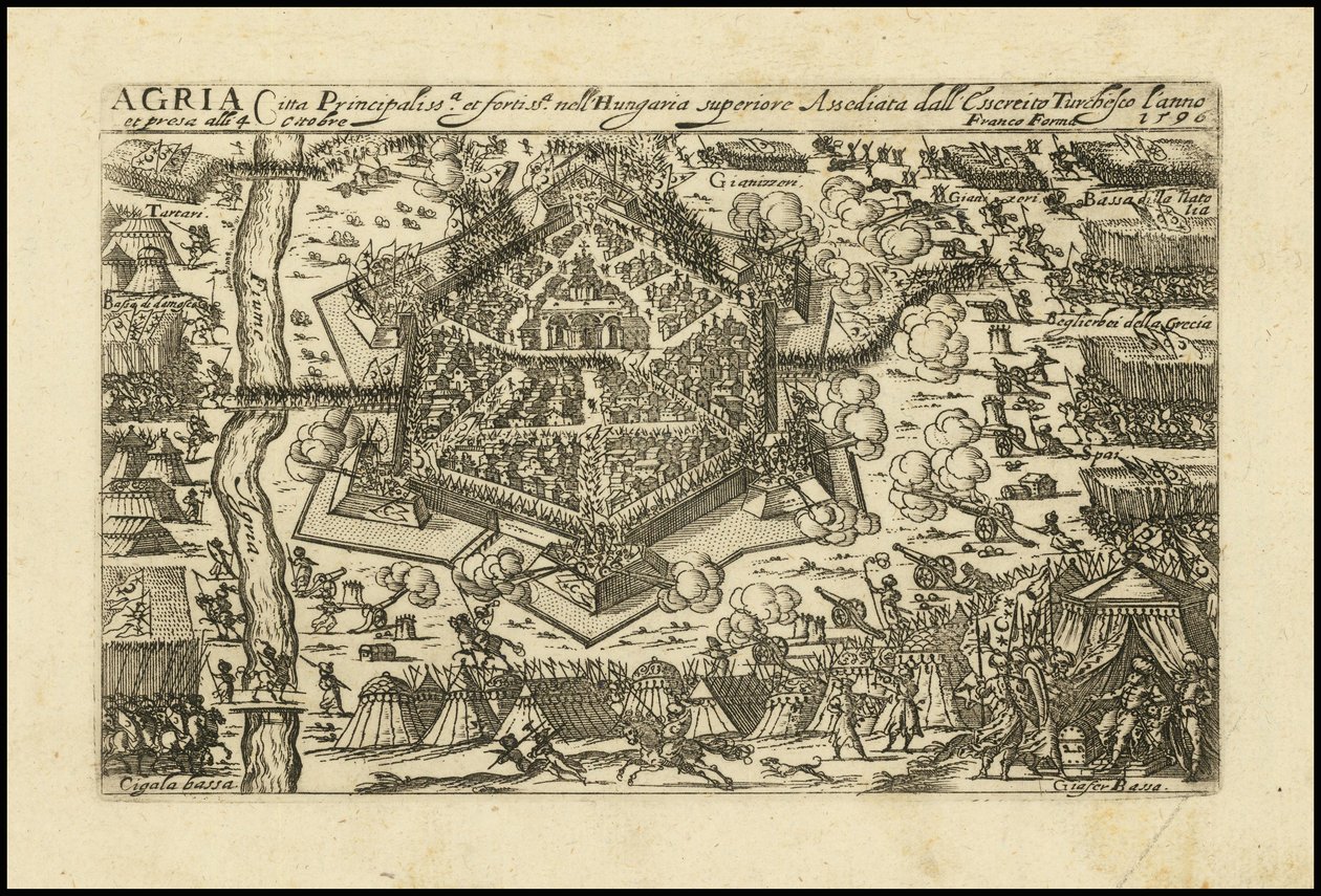 Agria - hlavní a opevněné město v Horních Uhrách, které bylo v roce 1596 obléháno tureckými kyšperskými vojsky. od Giacomo Franco