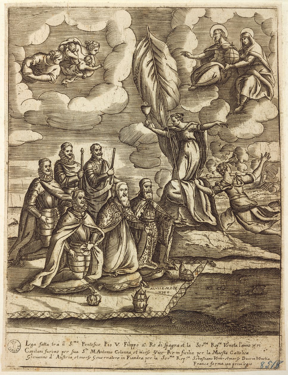 Alegorie Svaté ligy z roku 1571 stanovená papežem Piem V., Filipem Španělským a benátským dóžem Alvisem Mocenigo, rytina Giacoma Franca (1556-1620) od Giacomo Franco