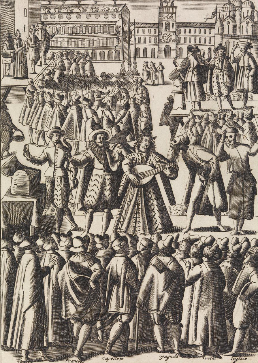 Zábava, kterou šarlatáni poskytují každý den na Piazza di S. Marco al Populo ..., ca. 1610. od Giacomo Franco