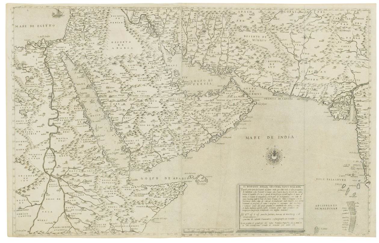 Mapa Indie a jihovýchodní Asie; Třetí část kresby Asie, 1561 od Giacomo Gastaldi