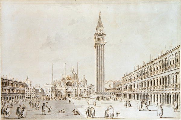 Pohled na náměstí Piazza San Marco s výhledem na baziliku a Campanile (pero a inkoust s mytím na papíře) od Giacomo Guardi