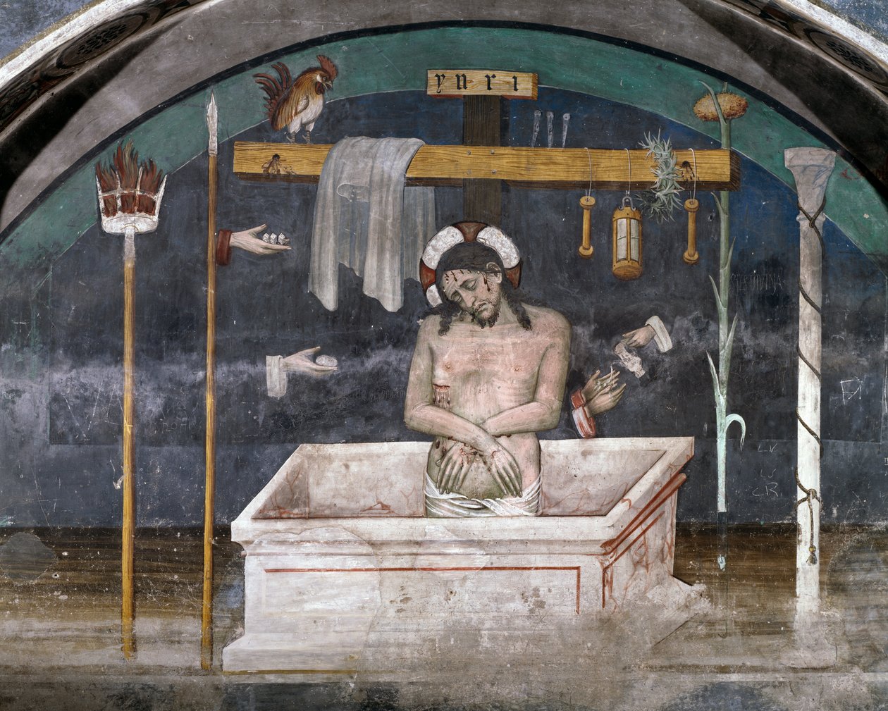 Kristus obklopený symboly umučení, freska od Giacoma Jaqueria (1375-1453), opatství svatého Antonína z Ranverso, Buttigliera Alta, Piemont, Itálie od Giacomo Jaquerio