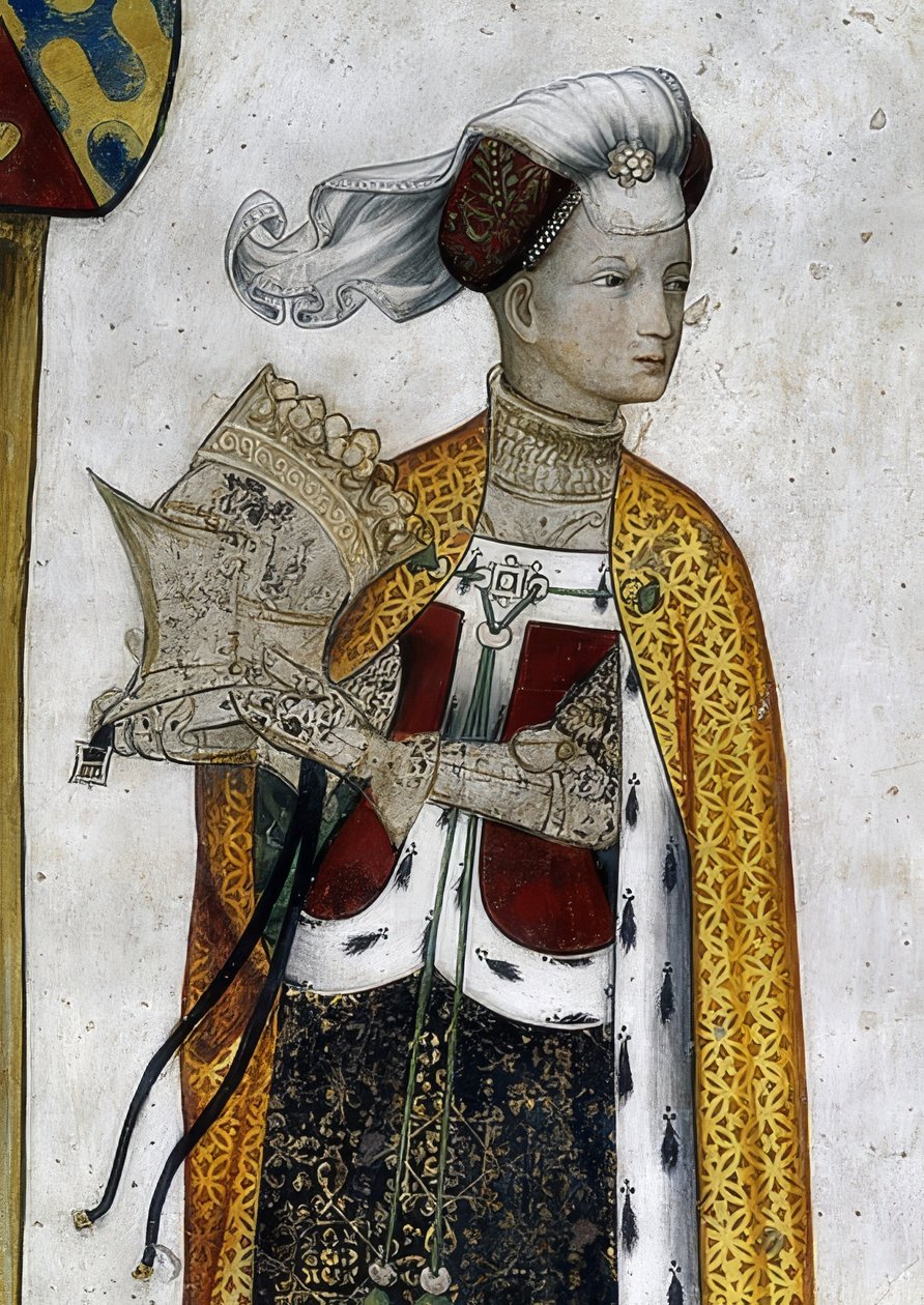 Zobrazení markýze ze Saluzza a jejich manželek jako historických a mytologických hrdinů a hrdinek. Detail: Riccarda di Sicilia, manželka Tommasa II., jako amazonská královna Lampeto. 1418-30 od Giacomo Jaquerio