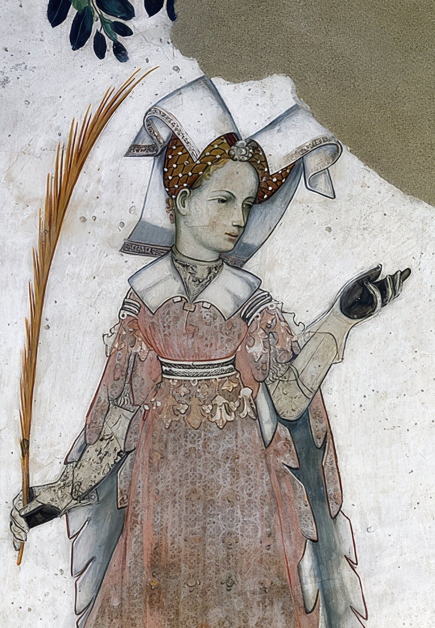 Zobrazení markýze ze Saluzza a jejich manželek jako historických a mytologických hrdinů a hrdinek. Detail: Marguerite de Roussy, manželka Tommase III. jako Teuca. 1418-30 od Giacomo Jaquerio