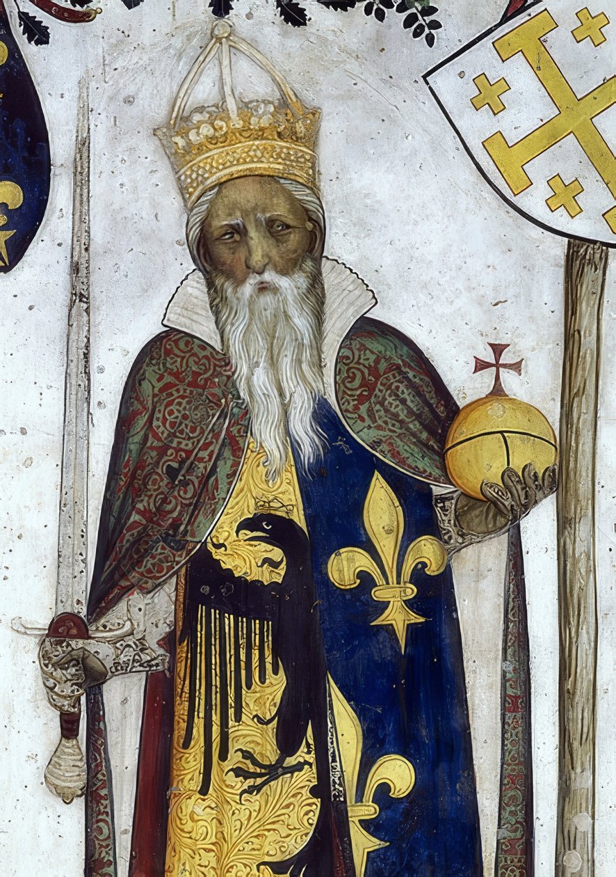 Zobrazení markýze ze Saluzza a jejich manželek jako historických a mytologických hrdinů a hrdinek. Detail: Manfredo III. jako Karel Veliký. 1418-30 od Giacomo Jaquerio