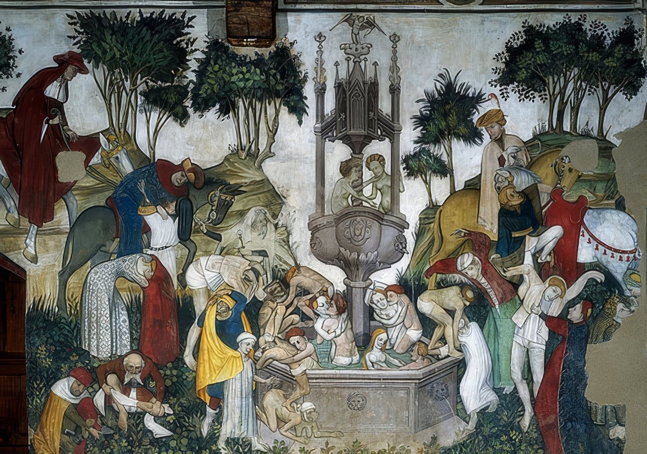 Fontána mládí. Detail: lidé přijíždějící a koupající se ve fontáně. 1418-30 od Giacomo Jaquerio