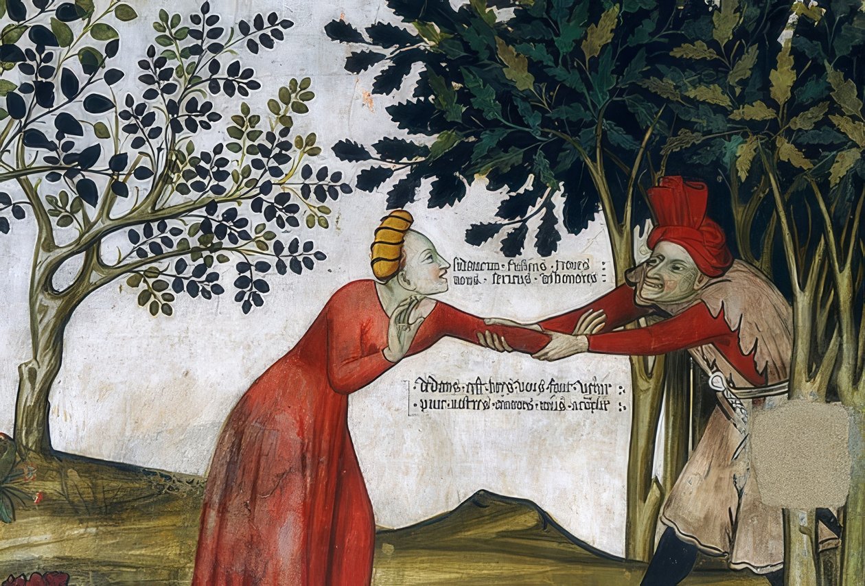 Fontána mládí. Detail: muž táhne ženu do křoví. 1418-30 od Giacomo Jaquerio