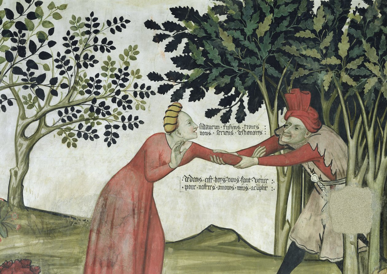Fontána života, detail muže táhnoucího ženu do lesa od Giacomo Jaquerio