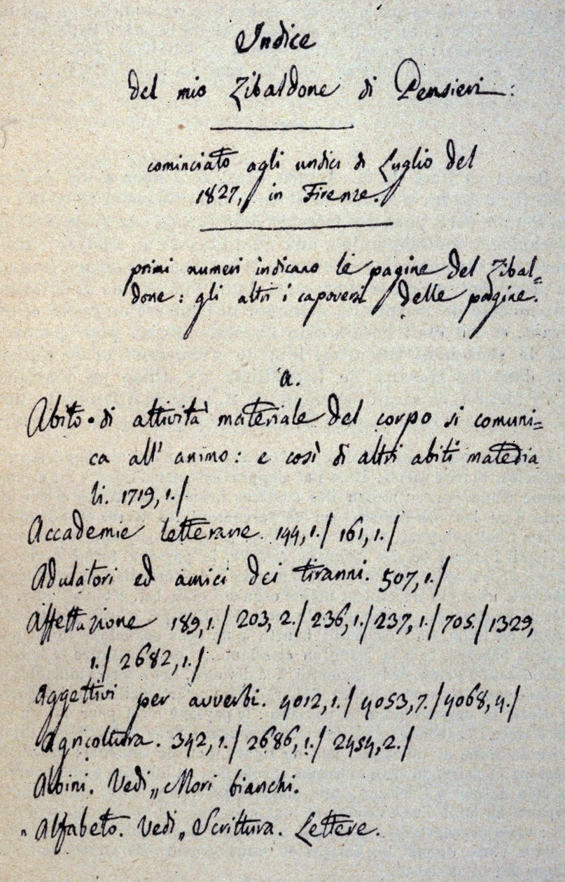 Incipit rukopisu Zibaldone (nebo „Pensieri“) od Giacoma Leopardiho (1798 - 1837). 1817-1832 od Giacomo Leopardi