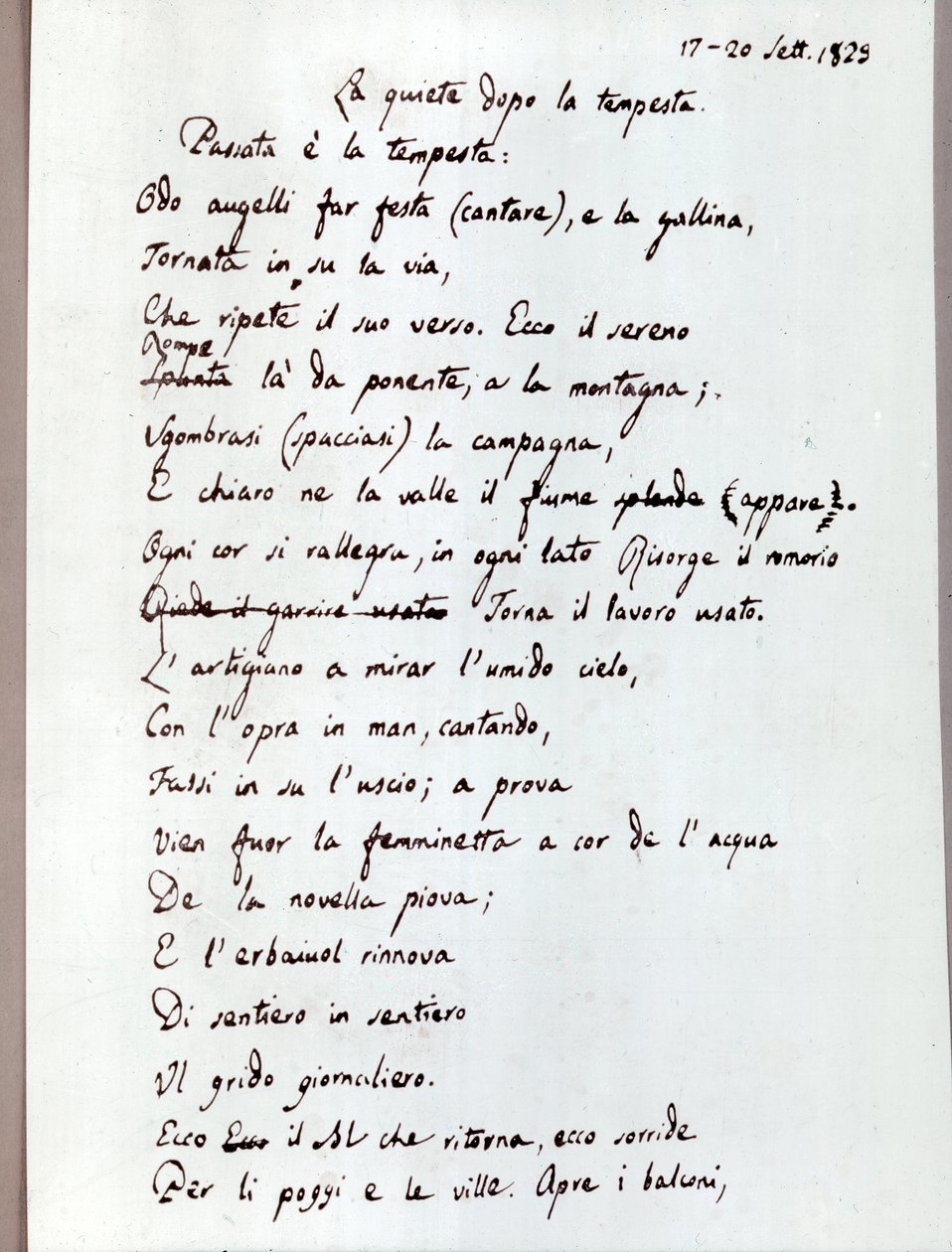 Rukopis Leopardiho básně "Ticho po bouři". 1829 (dokumenty ) od Giacomo Leopardi