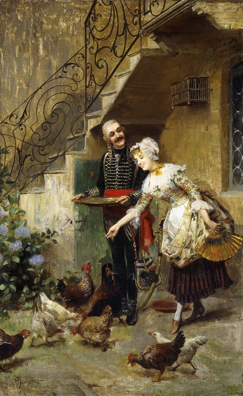 Elegantní pár krmící kuřata na nádvoří, od Giacomo Mantegazza
