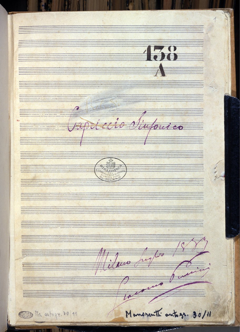 Rukopisné noty pro "" Symphonic Caprice "" "(Symphonic Caprice") od skladatele Giacoma Pucciniho (1858-1924) 1883. Knihovna konzervatoře Giuseppe Verdiho, Milán od Giacomo Puccini