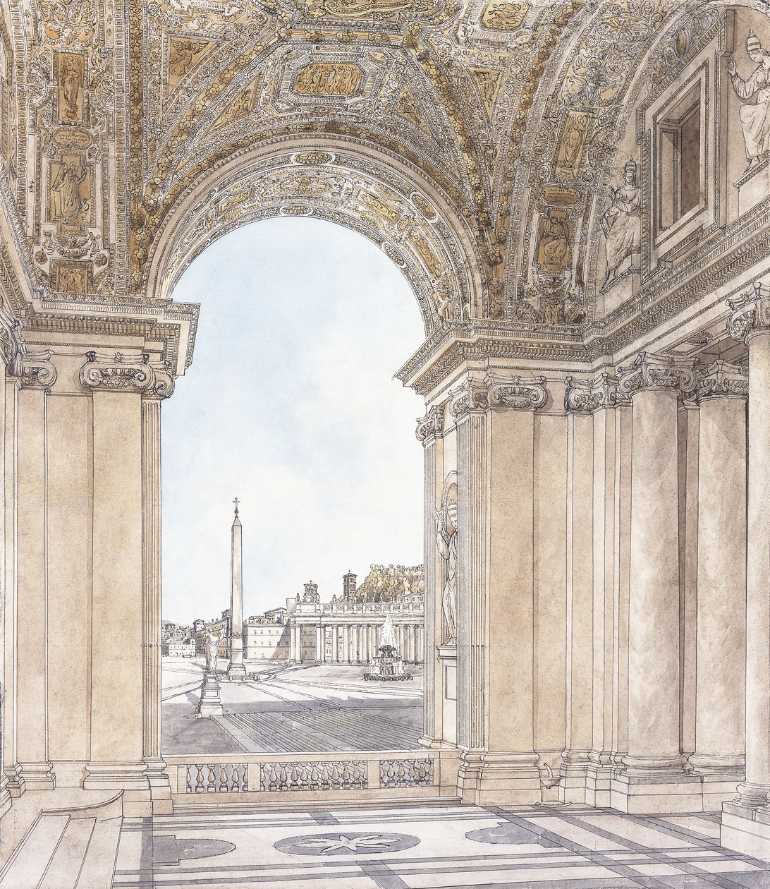 Pohled na náměstí Piazza San Pietro, Řím při pohledu na jih od Portico baziliky, před rokem 1779 od Giacomo Quarenghi