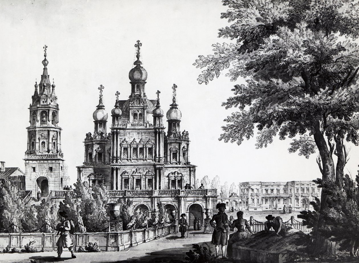 Kostel Nanebevzetí Panny Marie a Gagarinův palác v Moskvě, kresba Giacomo Quarenghi Domenico (1744-1817), tisk, Rusko od Giacomo Quarenghi