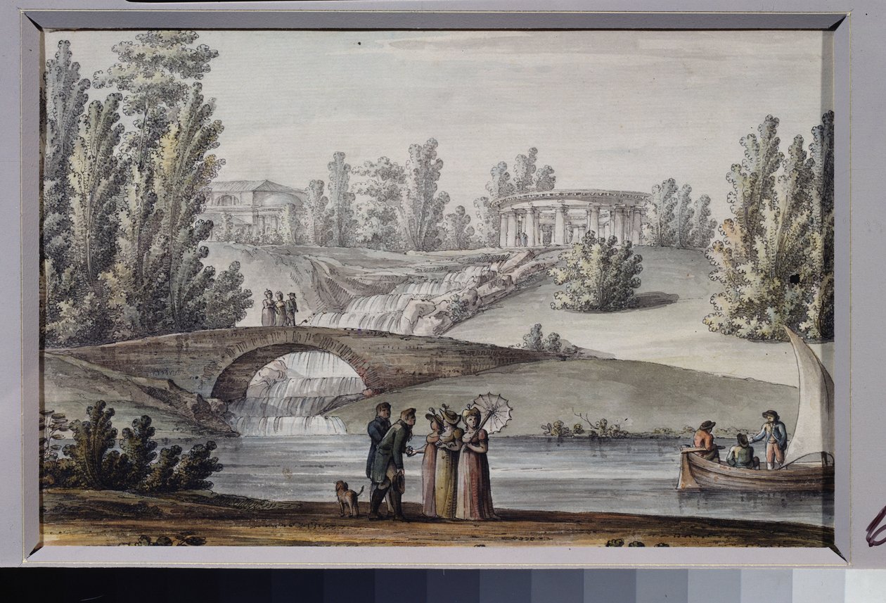 Apollónův chrám a vodopád v parku Pavlovsk (Saint Petersburg). Dílo Giacoma Antonia Domenica Quarenghiho (1744-1817), tuš a akvarel na papíře, cca 1800. Italské umění od Giacomo Quarenghi