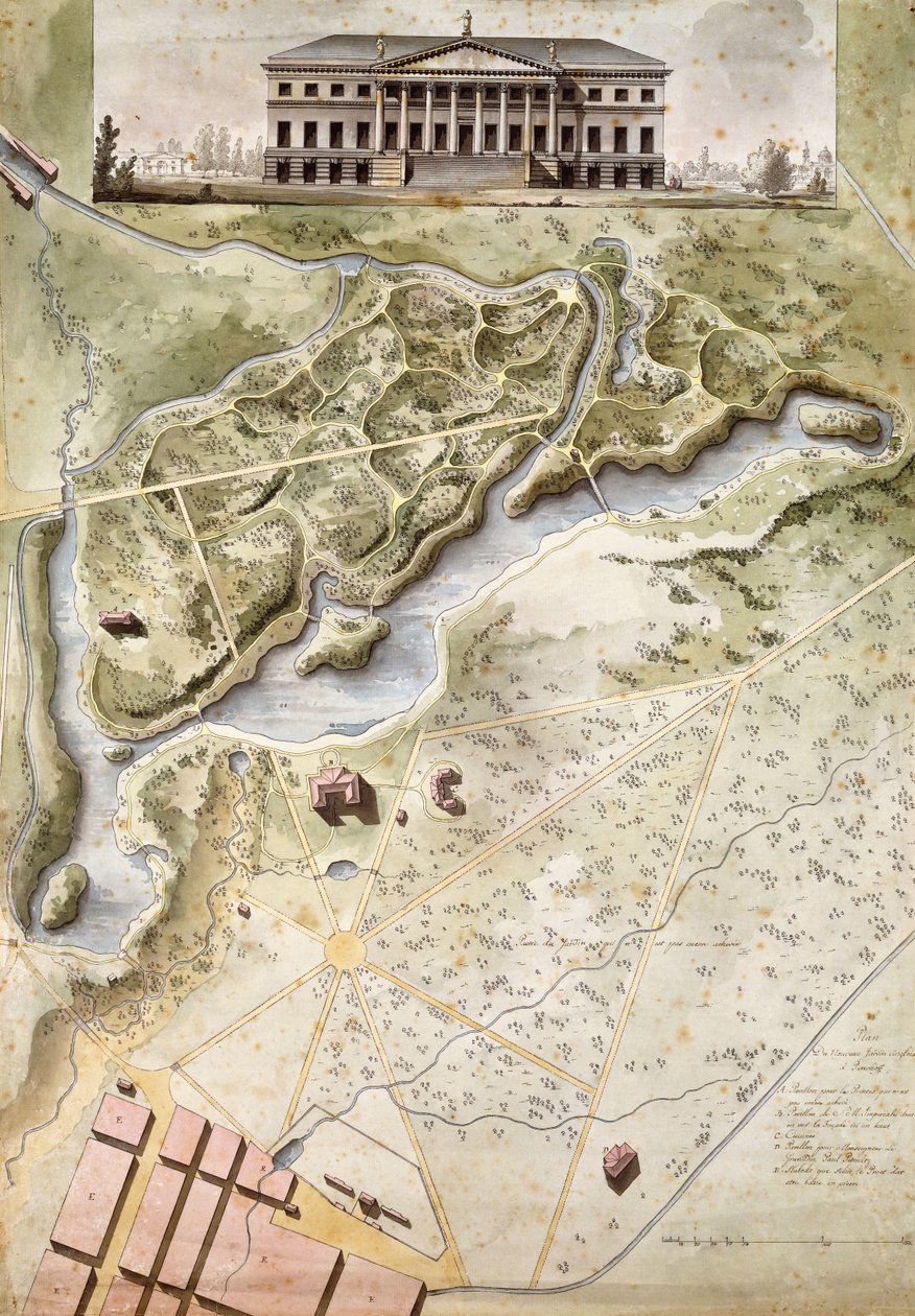 Peterhof, Rusko: Povýšení anglického paláce a plán parku, od Giacomo Quarenghi