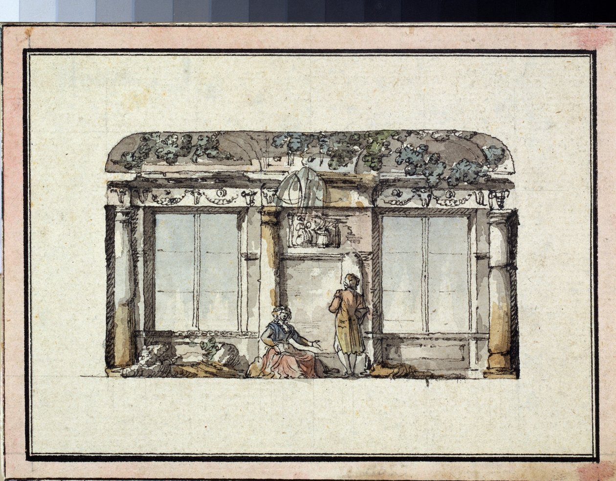 Projekt pro výzdobu místnosti se dvěma okny. Dílo Giacoma Antonia Domenica Quarenghiho (1744-1817), tuš a akvarel na papíře. Italské umění, klasicismus. Státní muzeum výtvarných umění A. Puškina, Moskva. od Giacomo Quarenghi