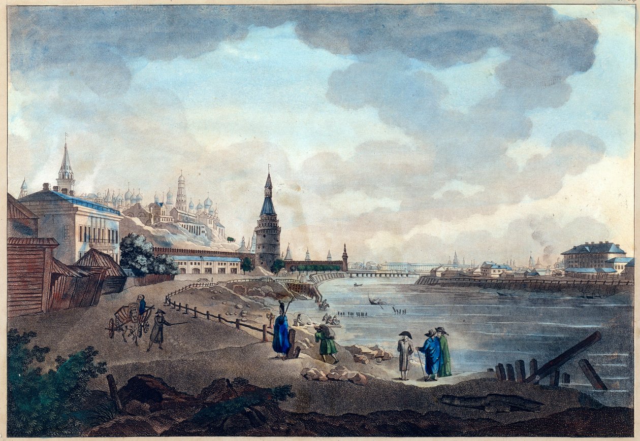Pohled na moskevský Kreml z Kamenného mostu přes Moscovu (Moskva nebo Moskwa). Dílo Giacoma Antonia Domenica Quarenghiho (1744-1817), akvarel a tuš na papíře, cca 1790. Italské umění od Giacomo Quarenghi