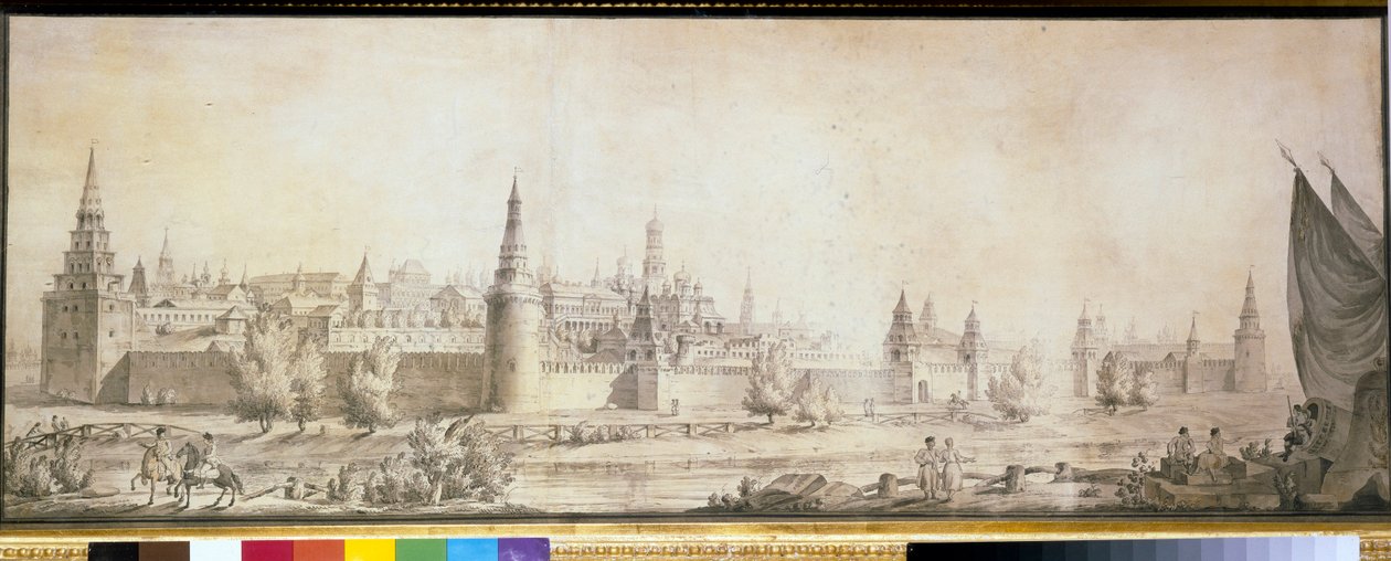 Panoramatický pohled na Moskevský Kreml na konci 18. století - Dílo Giacoma Antonia Domenica Quarenghiho (1744-1817), konec 90. let 18. století - Panoramatický pohled na Moskevský Kreml na konci 18. století - Pero, štětec, hnědá barva , černá křída, voda c od Giacomo Quarenghi