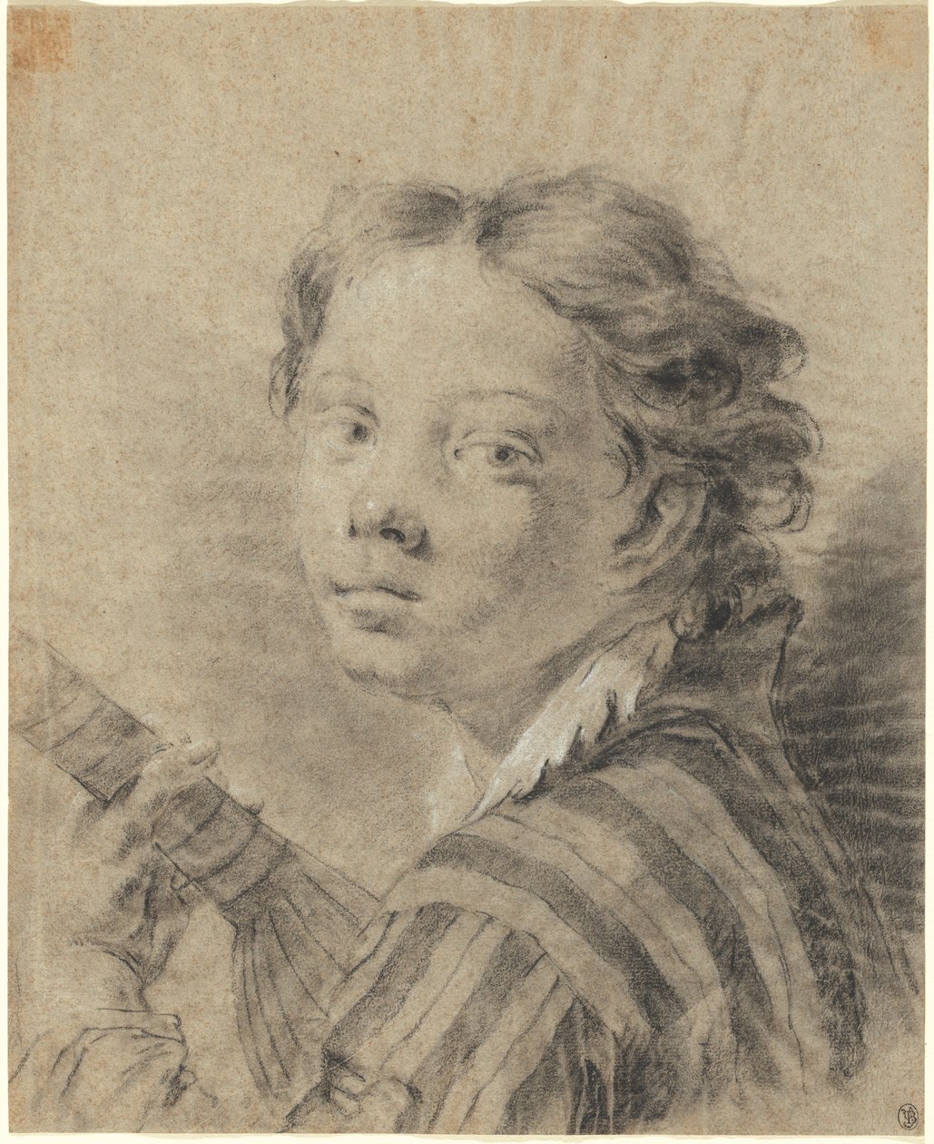 Chlapec s loutnou, cca 1740 (černobílá křída a uhle na modrém papíře) od Giambattista Piazzetta