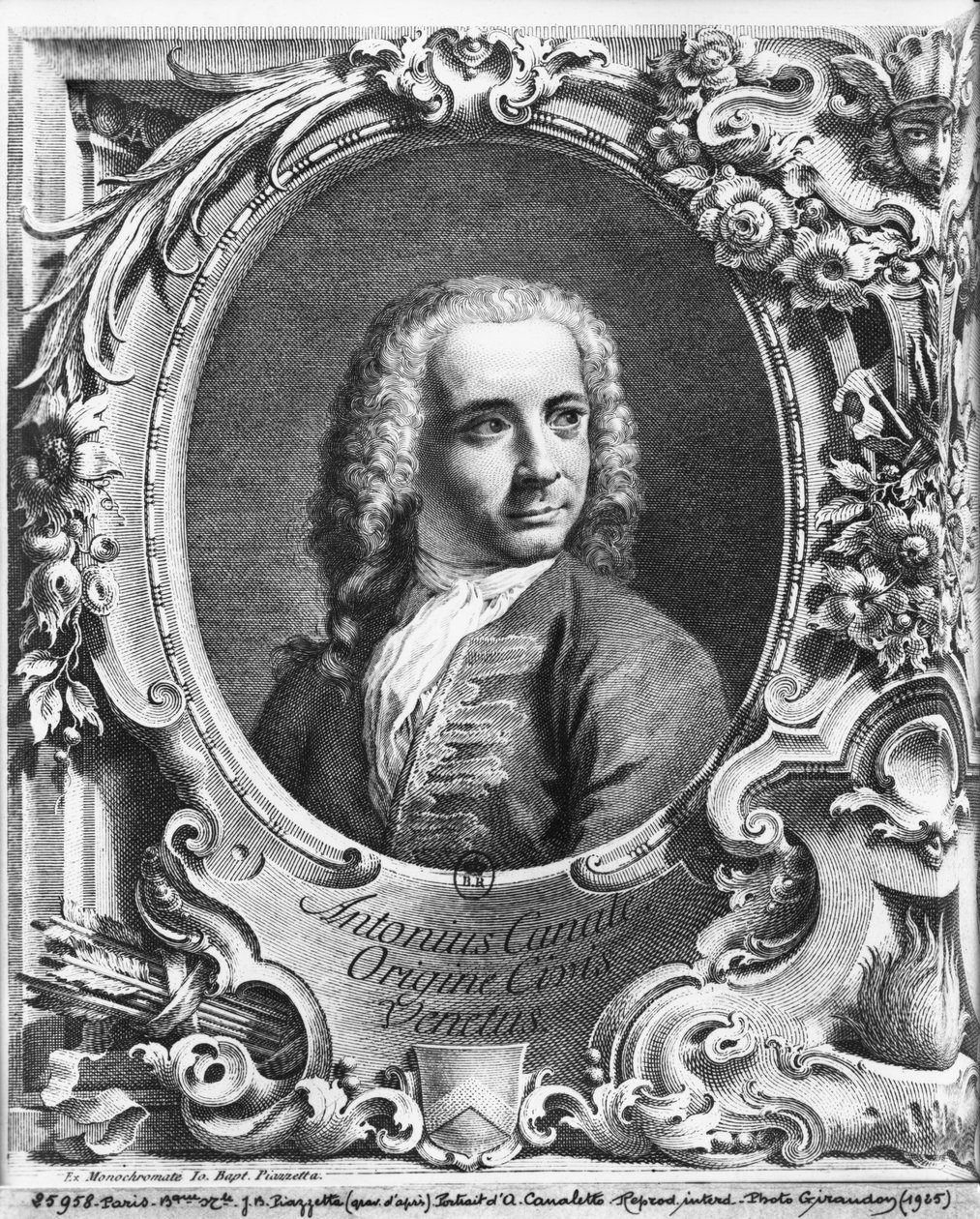 Portrét Antonia Canaletta, ilustrace na titulní straně z „Prospektu Velkého benátského kanálu“, před rokem 1735 od Giambattista Piazzetta