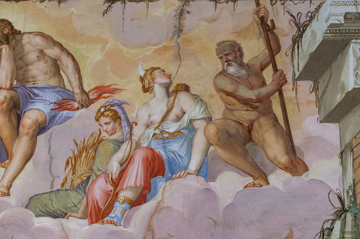 Ceres (bohyně sklizně se svazkem klasů) a Diana (bohyně lovu s lukem), detail komnaty Olympu, kolem 1557 (freska) od Giambattista Zelotti