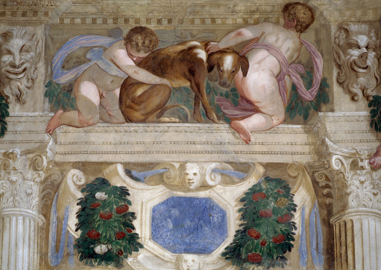 Putti s greyhoundem, ovocnými girlandami a maskarony od Giambattista Zelotti
