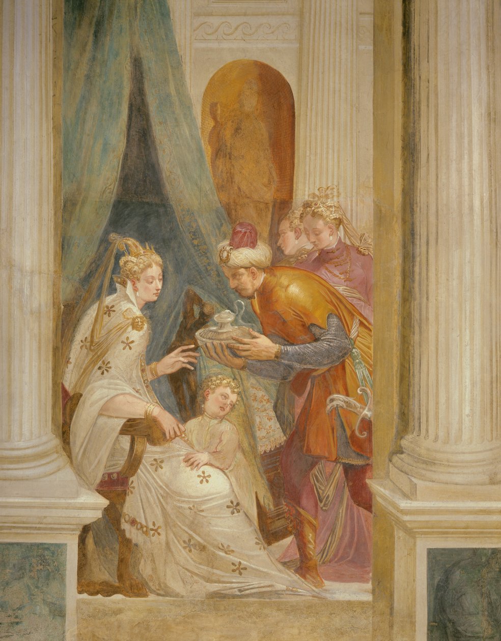 Pravá stěna zobrazující Sophonisbu s jejím dítětem, které dostává další hrnec jedu (freska) od Giambattista (1526 78) Zelotti