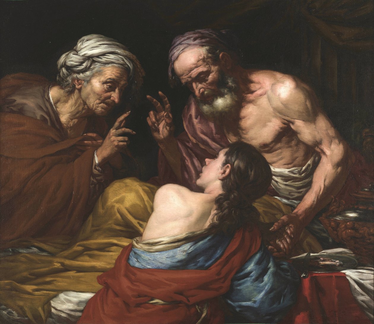 Isaac benit Jacob - Izák žehná Jacobovi, Langetti, Giovan Battista (1635-1676). Olej na plátně, mezi 1660 a 1670. Rozměr: 109x126 cm. Muzeul National Brukenthal, Sibiu od Giambattista Langetti