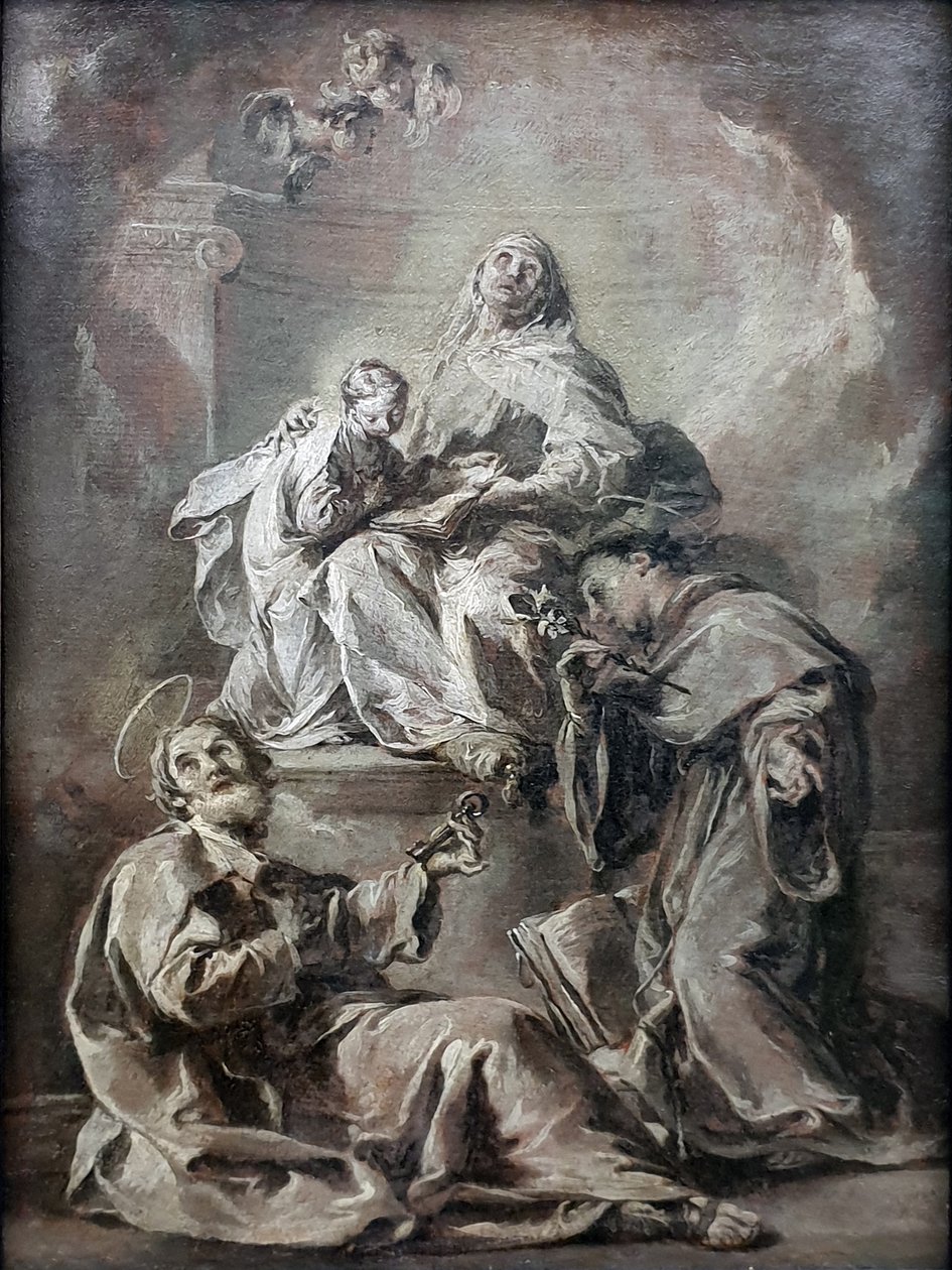 Německy: Anna unterweist Maria im Lesen der Heiligen Schrift Svatá Anna v doprovodu svatého Petra a svatého Antonína Paduánského učí mladou Marii číst Bibli; Kat.č. 88.1 od Giambattista Pittoni